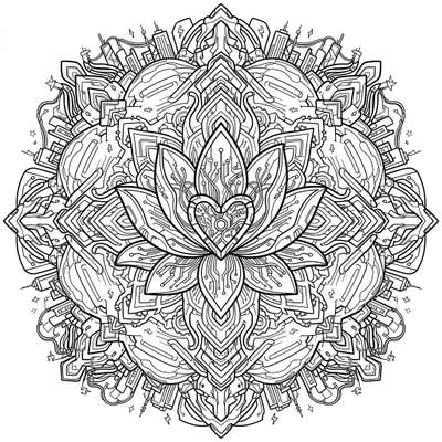 Dive into a world where ancient wisdom meets futuristic technology with this unique Cyberpunk Lotus Mandala coloring page. Its intricate design features circuit board patterns within a symbolic lotus, surrounded by a high-tech urban landscape, offering a truly unique artistic journey.