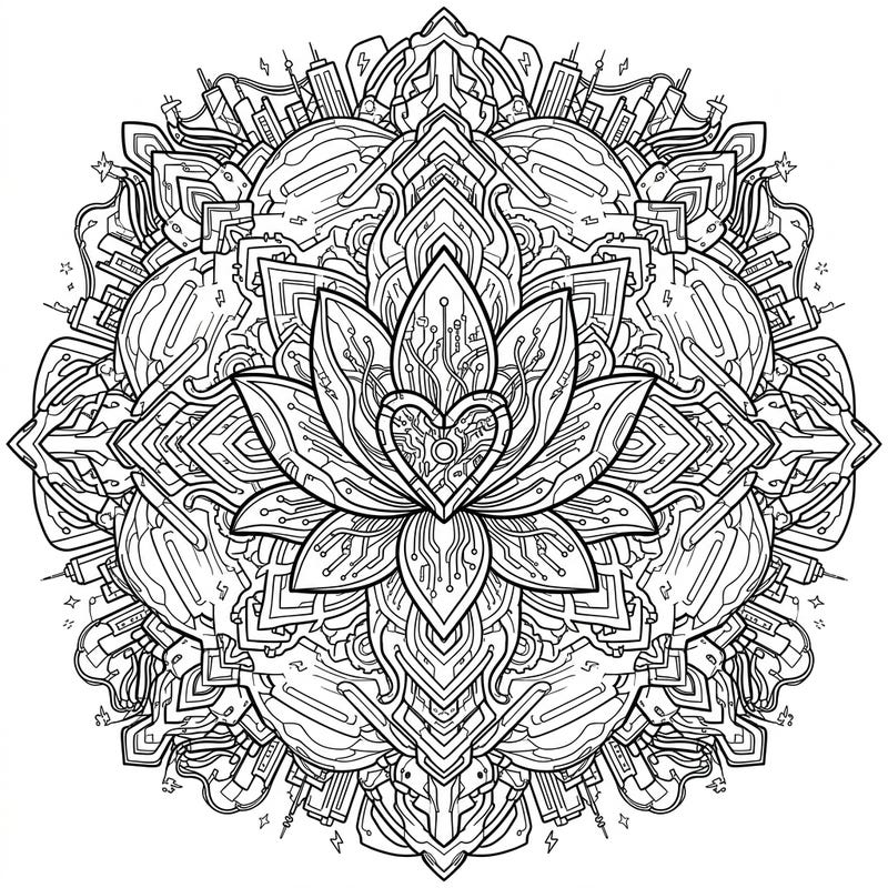 Dive into a world where ancient wisdom meets futuristic technology with this unique Cyberpunk Lotus Mandala coloring page. Its intricate design features circuit board patterns within a symbolic lotus, surrounded by a high-tech urban landscape, offering a truly unique artistic journey.