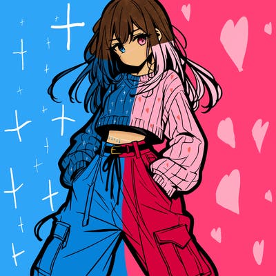 anime teen girl with baggy pants and crop top with sweater