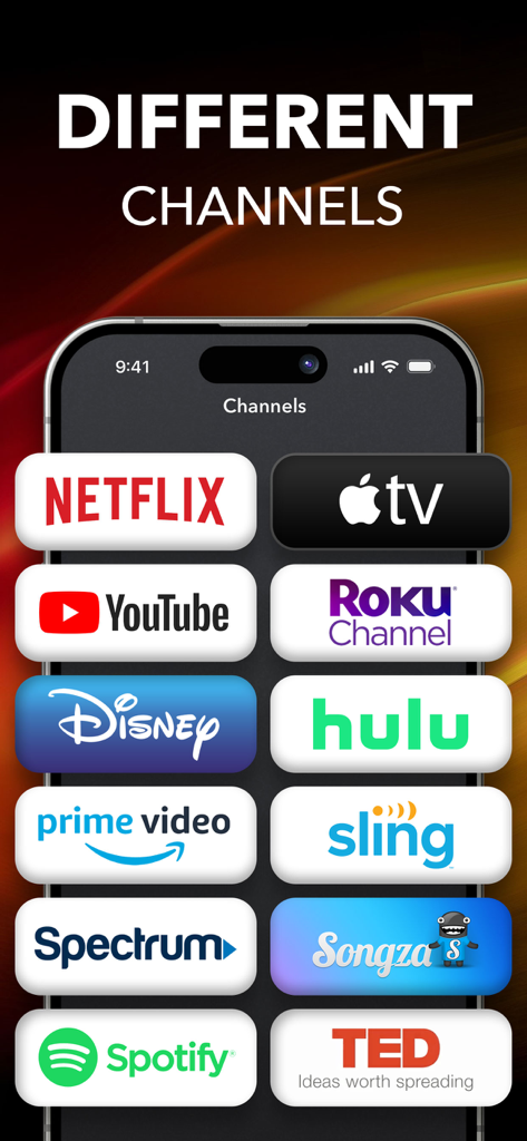 Pantalla de smartphone mostrando una selección de aplicaciones de streaming como Netflix, Disney Plus y Hulu dentro de la aplicación de control remoto universal de TV
