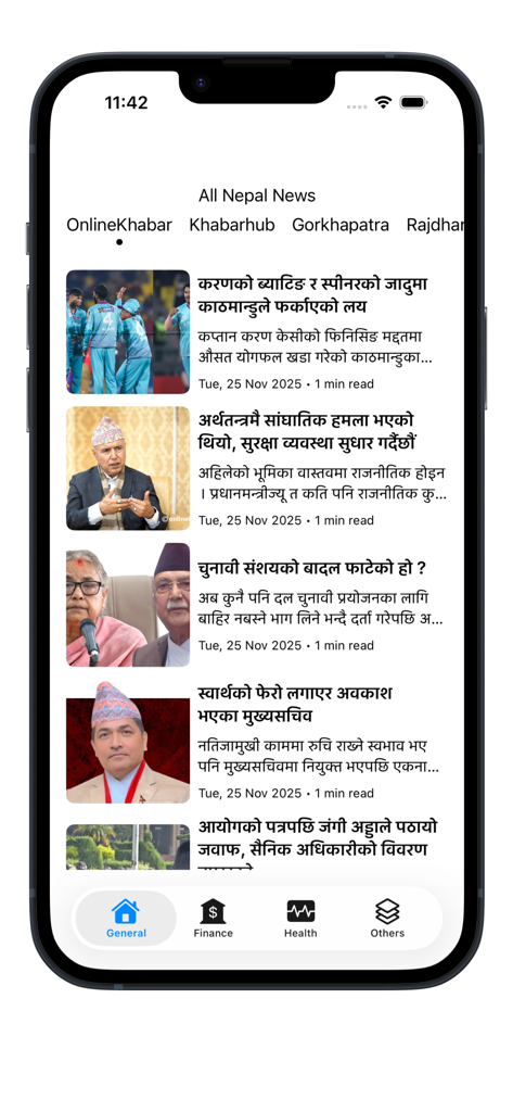 All Nepal News - A mobile interface of the All Nepal News app displaying a curated feed of news articles in Nepali language from major portals like Onlinekhabar.