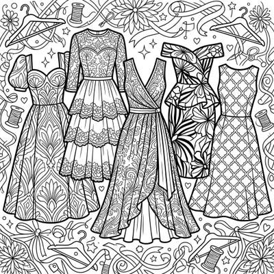 Dive into the world of high fashion with this exquisite collection of cocktail dresses. Each design boasts unique patterns and elegant details, perfect for a sophisticated coloring experience.
