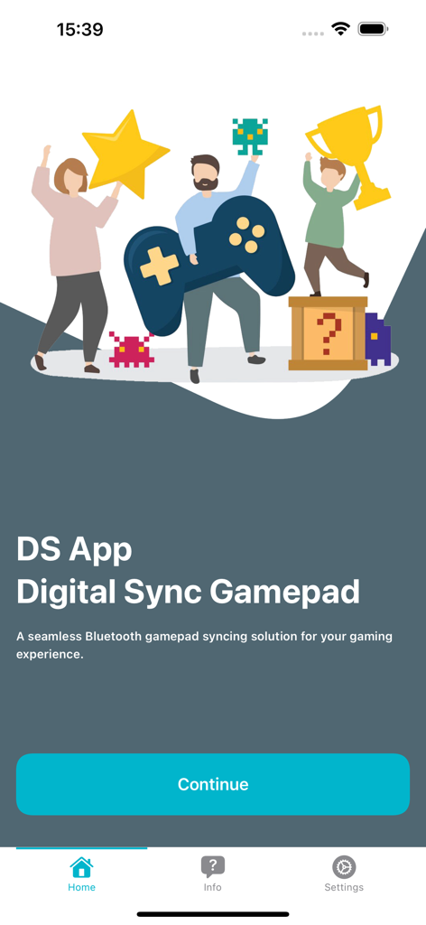 DS App - Digital Sync Gamepad - Pantalla de bienvenida de DS App con una ilustración de juego y descripción de sincronización de gamepad Bluetooth