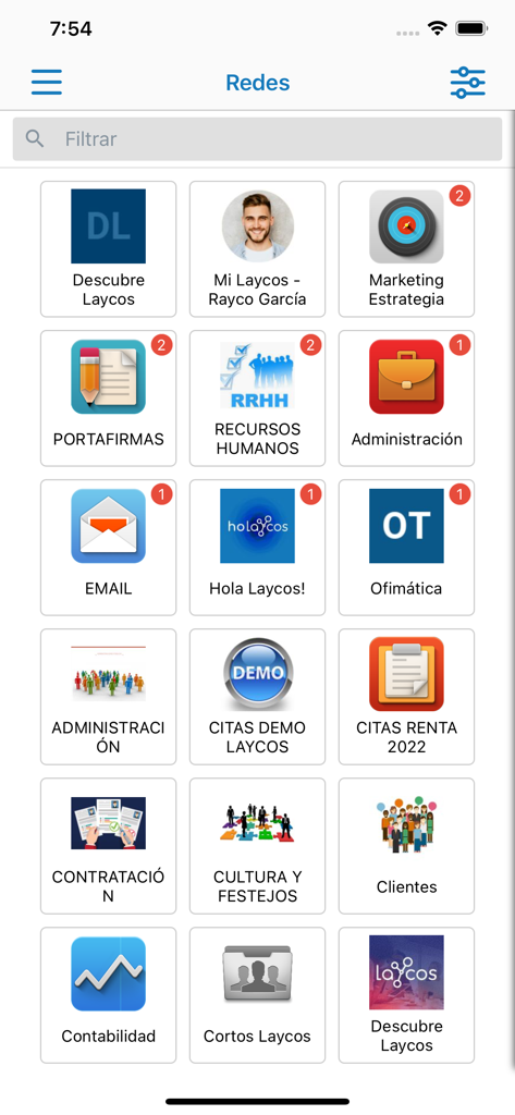 Interfaz de la aplicación Laycos mostrando una cuadrícula de módulos de red empresarial incluyendo marketing, recursos humanos y administración.