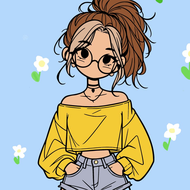 girl with a messy ponytail glasses a baggy crop top and jean shorts