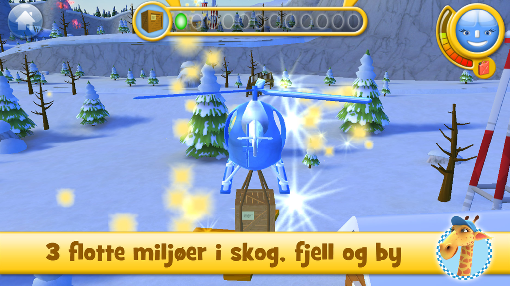 Vennebyen - Koptus på oppdrag - Koptus the blue helicopter carrying a wooden crate over a snowy mountain landscape in the Vennebyen game