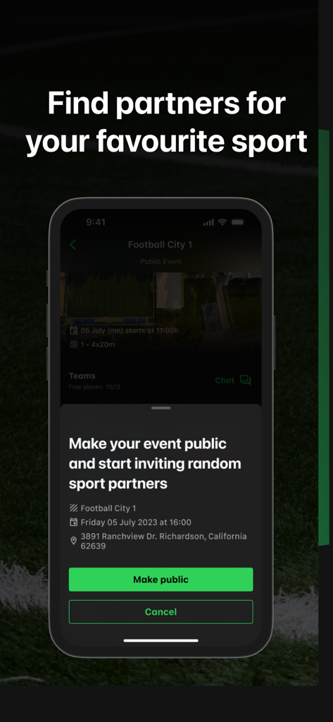 SportsBooking - SportsBooking app screen showing a feature to make a sports event public and find partners.