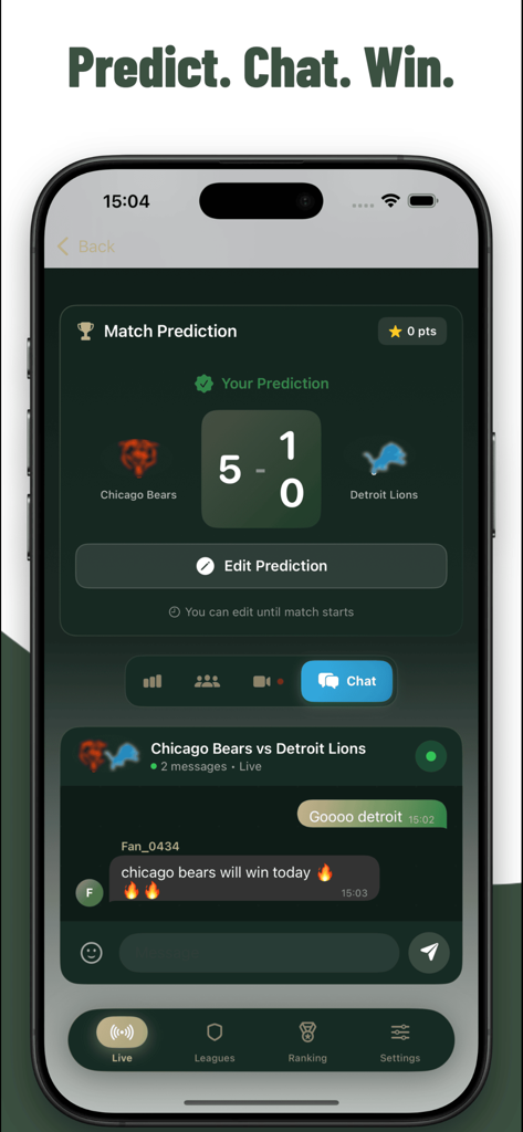 kuki football : Live Chat - Kuki football app interface showing match prediction and live chat for an NFL game.