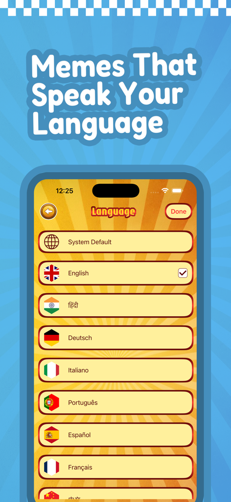 Menu de seleção de idioma para o aplicativo Meme Soundboard mostrando vários idiomas e bandeiras