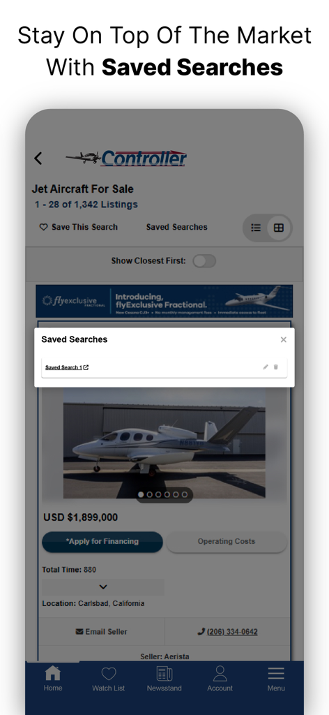 Controller: Aircraft for Sale - Captura de tela do aplicativo Controller mostrando o recurso de pesquisas salvas para anúncios de aeronaves