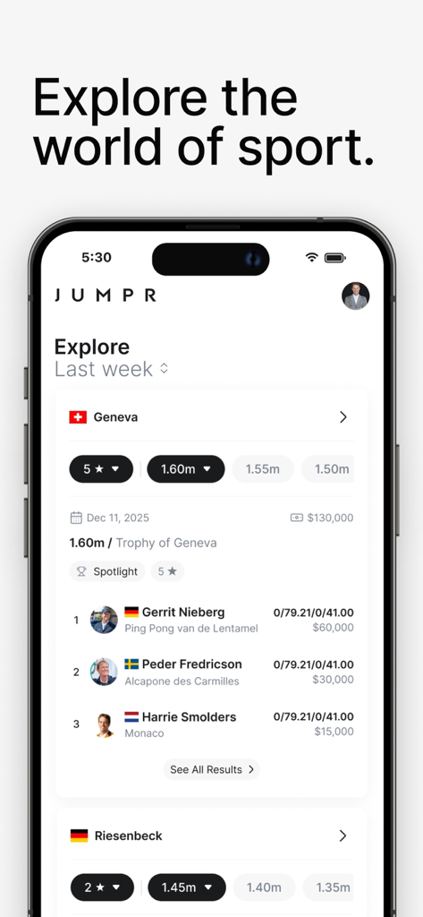 Jumpr - Jumpr app interface displaying show jumping competition results and rider rankings
