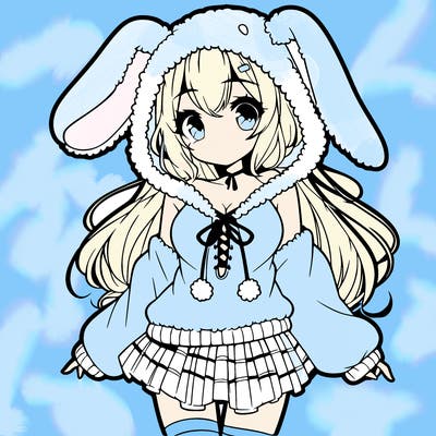 pretty anime girl wearing a fluffy hoodie with bunny ears on the hood and a skirt