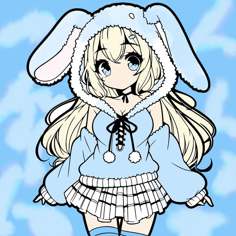 pretty anime girl wearing a fluffy hoodie with bunny ears on the hood and a skirt