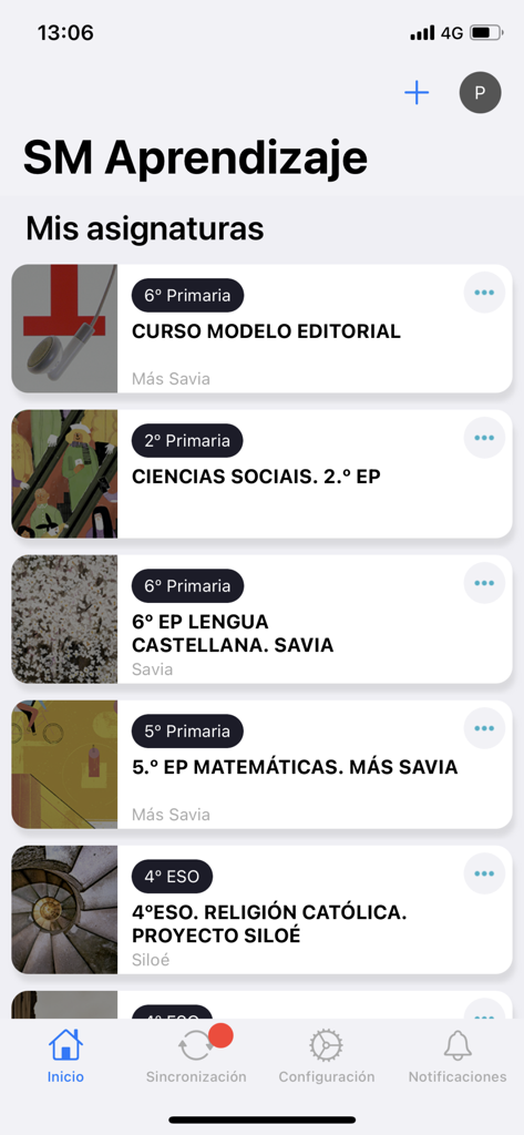 List of digital school subjects in the SM Aprendizaje educational app.