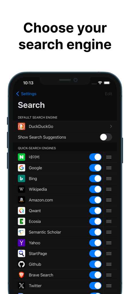 RedApp Lite: Private Browser - Customizable search engine selection menu in RedApp Lite private browser