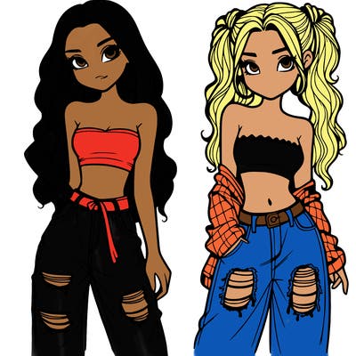 2 girls in crop tops and baggy jeans ripped