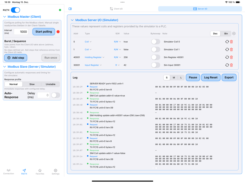 JCH Modbus Studio - JCH Modbus Studio iPad app showing Modbus server simulator and live communication logs