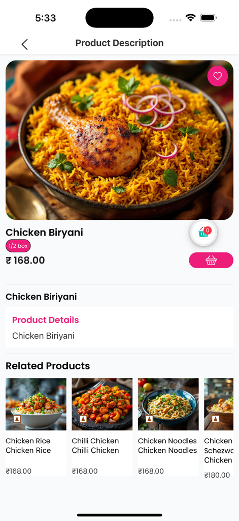 Shino - Shop Local. Fast. - Shino app screen displaying Chicken Biryani product details and related food items