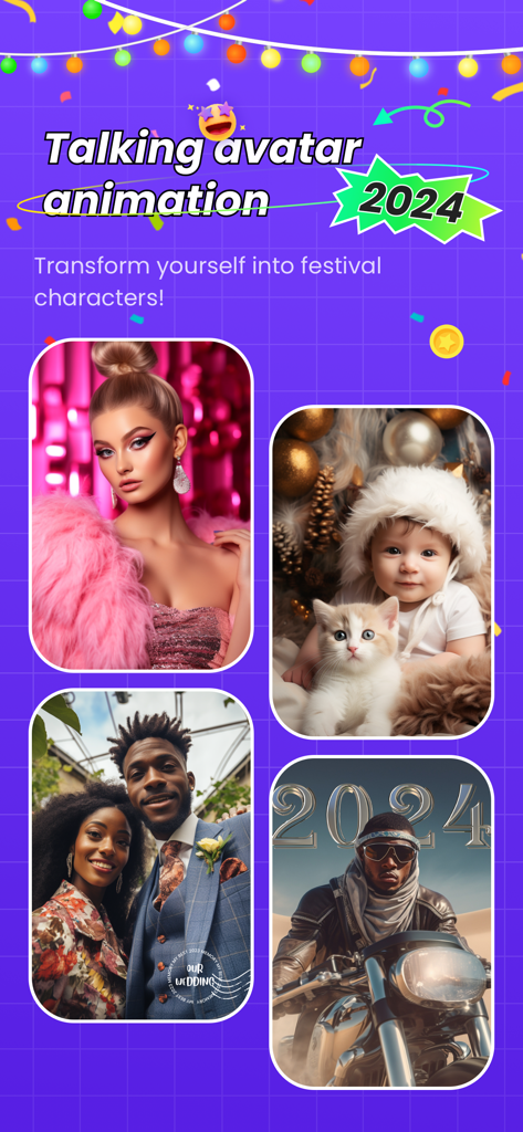 DupDub Lab - Talking Photos - Uma colagem de quatro avatares falantes animados, incluindo uma mulher com penas rosas, um bebê com um gatinho, um casal de noivos e um motociclista no deserto para conteúdo de 2024.