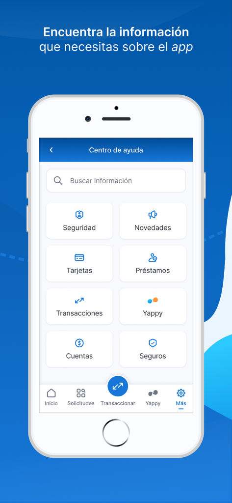 Banco General, S.A. - Pantalla móvil de la aplicación Banco General del centro de ayuda que muestra categorías de servicio como tarjetas, préstamos y Yappy