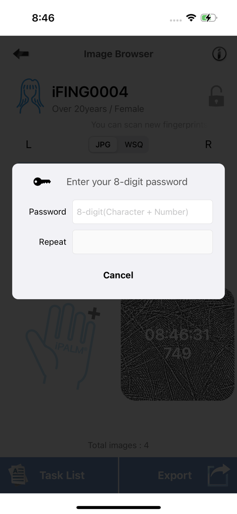 iFING Scanner - iFING Scanner app interface showing a password prompt for biometric data security