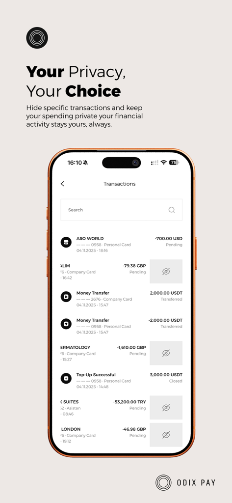 Historial de transacciones de la aplicación Odix Pay mostrando una función para ocultar pagos específicos por privacidad.