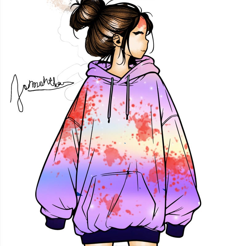 realistic girl with a oversized sweatshirt on and a bun
