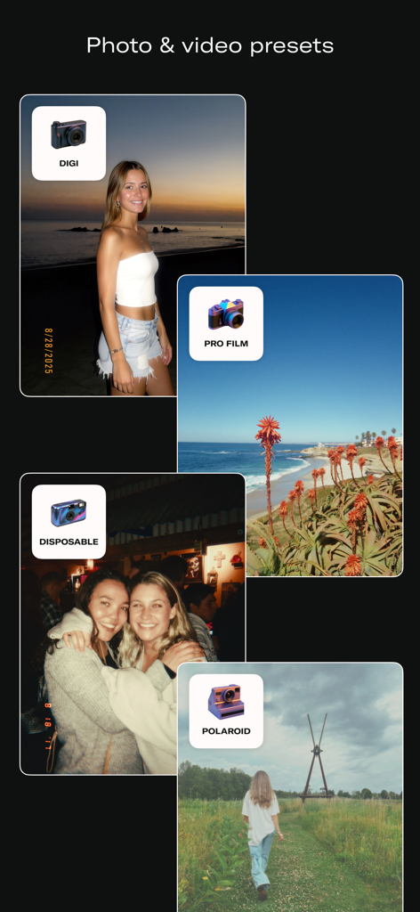 Showcase of DAZE CAM app featuring vintage presets for digital, professional film, disposable, and polaroid effects.