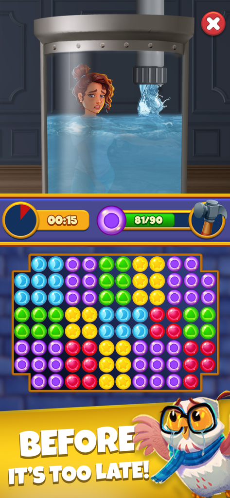 Joy Blast - Joy Blast gameplay showing a match-3 bubble puzzle to rescue a woman from a water tank