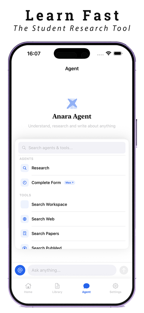 Interfaz del agente de Anara AI que muestra varias herramientas de investigación, incluidas opciones de búsqueda en PubMed y de artículos