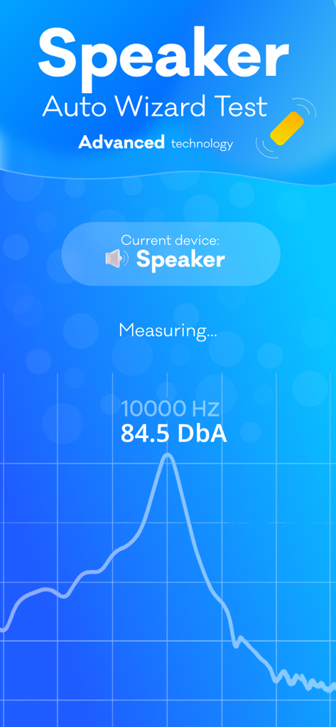 Speaker Wizard app interface showing an auto speaker test measuring 10000 Hertz and 84.5 decibels