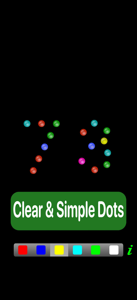 Dot Fun 앱 화면으로, 숫자 73을 형성하는 다채로운 점들과 색상 옵션을 보여줍니다.