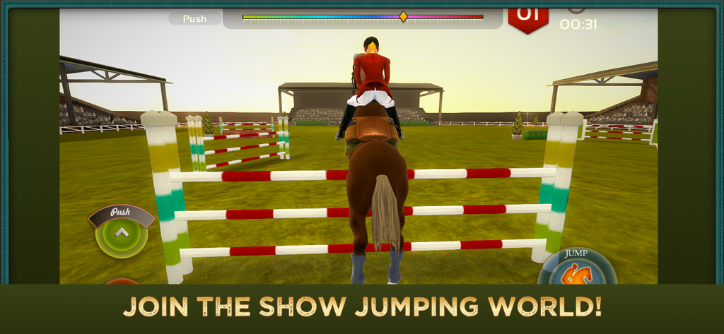 Jumping Horses Champions 2 - A rider on a brown horse jumping over a hurdle in a show jumping arena