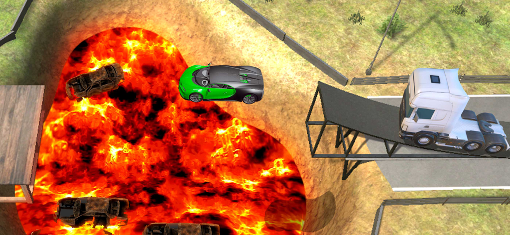 Beam Drive - Pit Car Crash - Un coche deportivo verde saltando sobre un pozo de lava ardiente con restos de coches quemados