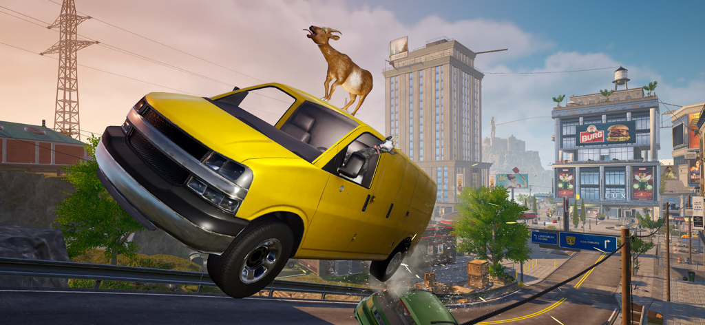 Goat Simulator 3 - A goat standing on top of a flying yellow van in a city in Goat Simulator 3
