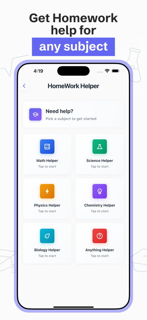 AI Homework Helper - ScanSolve - AI Homework Helper app showing subject categories for math science physics chemistry and biology