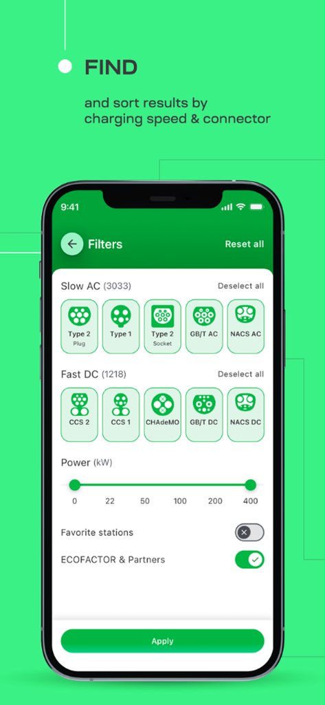 ECOFACTOR app filter screen for EV charging connectors and power speeds
