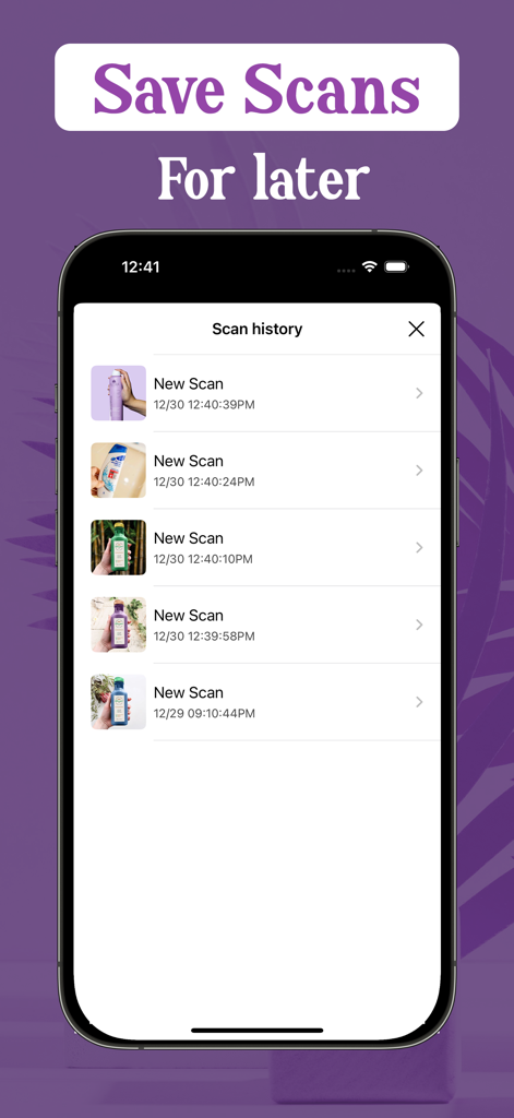 A mobile phone screen displaying a history of scanned shampoo bottles with timestamps in the Shampoo Scanner AI app.