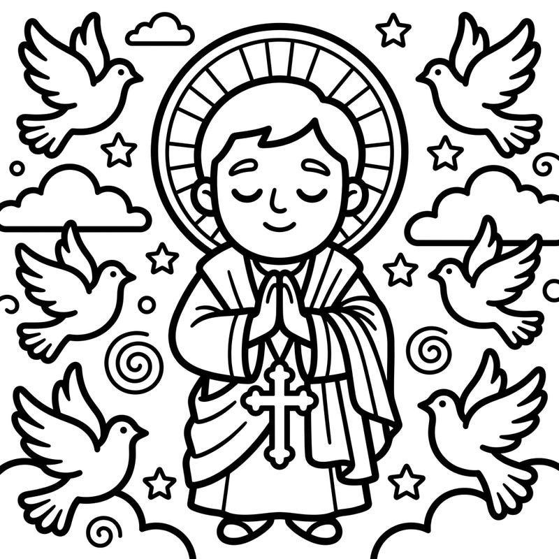 Delight your little one with this sweet saint coloring page, designed specifically for toddlers. Its ultra-thick lines and large, simple areas make it perfect for developing fine motor skills and introducing them to spiritual themes.