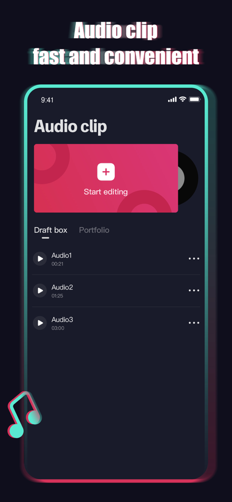 Audio Editor Ringtone Maker - Tela do iPhone mostrando a caixa de rascunho de clipe de áudio e o botão de iniciar edição do aplicativo Audio Editor