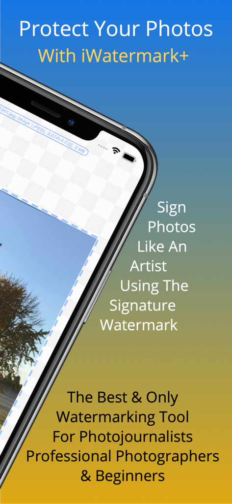 i Watermark + Lite Photo&Video - App-Screenshot, der die iWatermark Lite-Funktionen zum Signieren und Schützen von professionellen Fotos zeigt