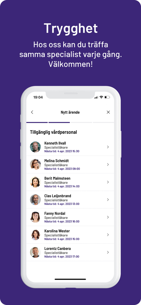 Medicheck app screen showing a list of available specialist doctors and their next appointment times for video consultations.