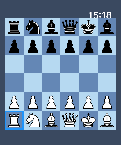 Mini Chess for Watch - A 6x6 mini chess board with a blue theme displayed on an Apple Watch