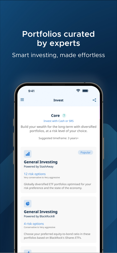 StashAway: Simple Investing - StashAway mobile app interface displaying curated investment portfolios and general investing options powered by experts