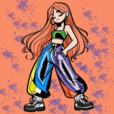 girl in baggy pants crop top and long hair