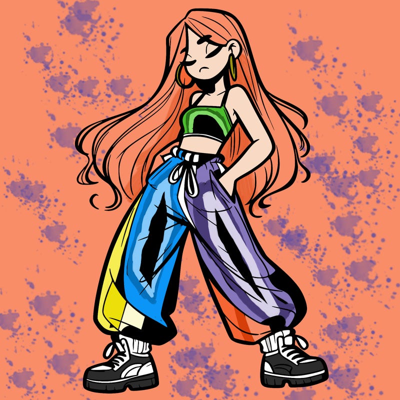 girl in baggy pants crop top and long hair