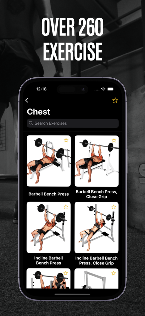 Gym Genius app screen showing a collection of chest exercises with 3D muscle visualizations