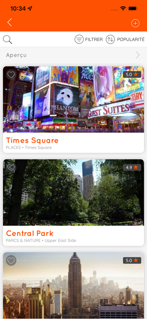 MisterFly - MisterFly mobile app displaying a travel guide for New York City featuring Times Square and Central Park