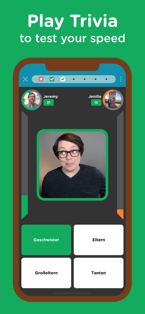 Interface of the Seedlang app showing a competitive German language trivia game with a native speaker video and multiple choice options.