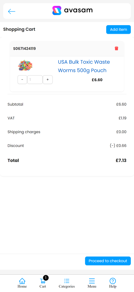 Avasam - Shopping cart screen in the Avasam app showing a product order summary and total price.